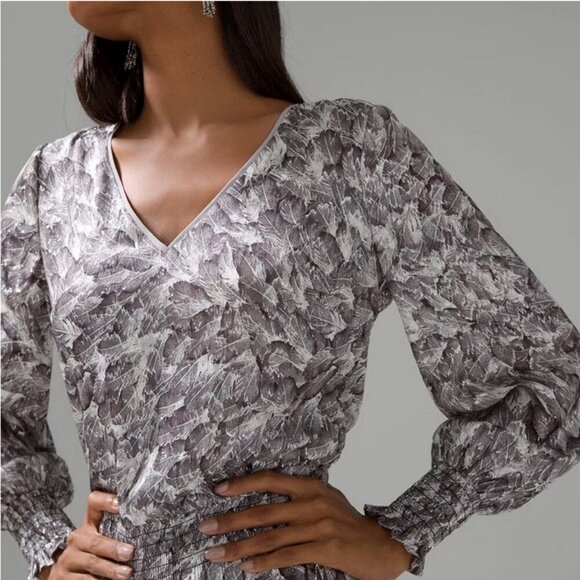 White House Silver Metallic Long Sleeve Petite Smocked Blouson Mini Dress XXS - Picture 14 of 14